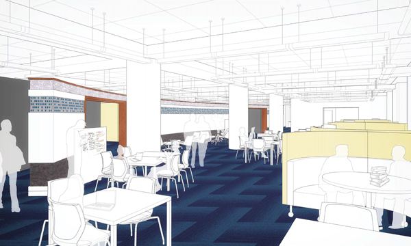 Rendering of the Open Lab seating area of the Research Commons.