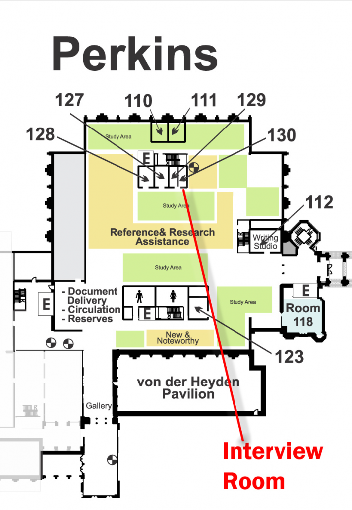 Map showing the location of the new Interview Room in Perkins Library.