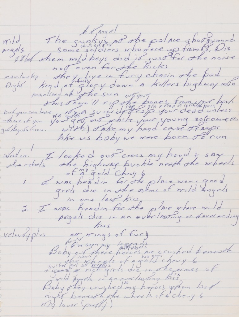 The first draft manuscript of Bruce Springsteen's "Born to Run" will be displayed in Perkins Library. Image courtesy of Sotheby's. Click for high-res version.