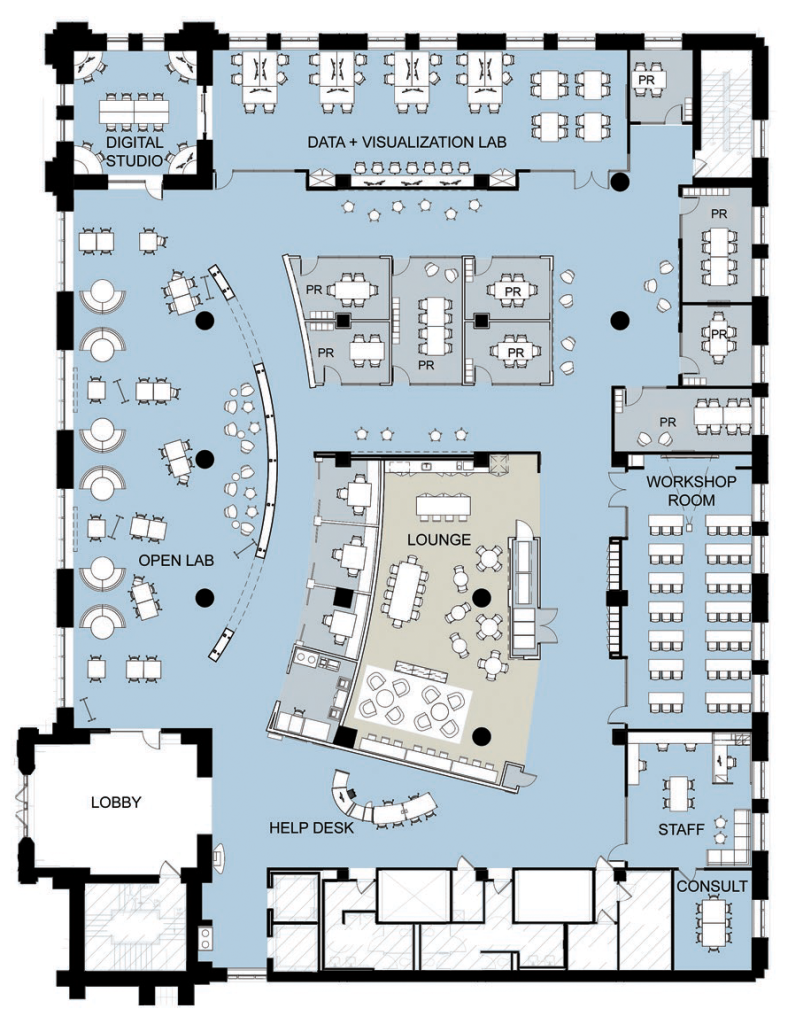 Floorplan of The Edge on the renovated first floor of Bostock Library