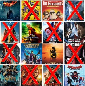 Collage of 16 entries with 8 losing films marked out