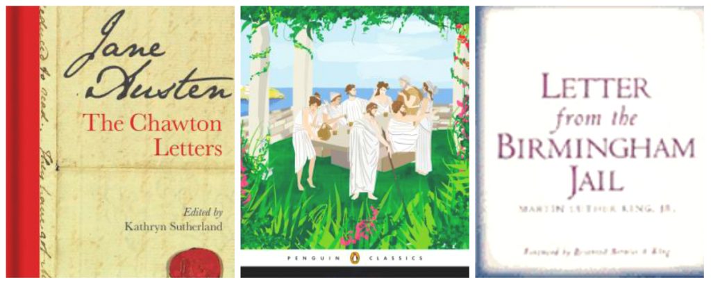 Jane Austen book, Epicurus book, Letter from Birmingham Jail book covers