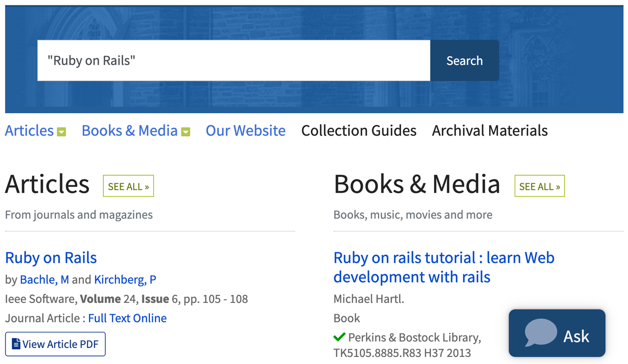 Screenshot displaying an example of the first two search results for the search phrase Ruby on Rails