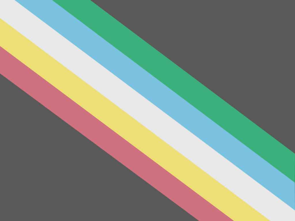 Disability Pride Flag designed by Ann Magill. A charcoal grey flag bisected diagonally from the top left corner to the lower right right corner by five parallel stripes in red, pale gold, pale grey, light blue, and green