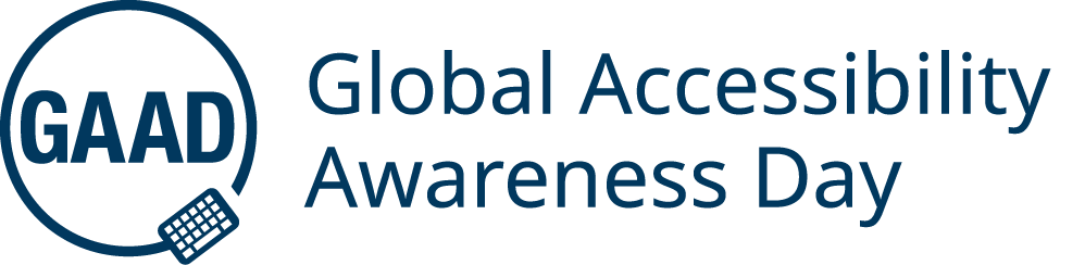 Global Accessibility Awareness Day Logo. A navy circle with a keyboard around the letters G A A D. 