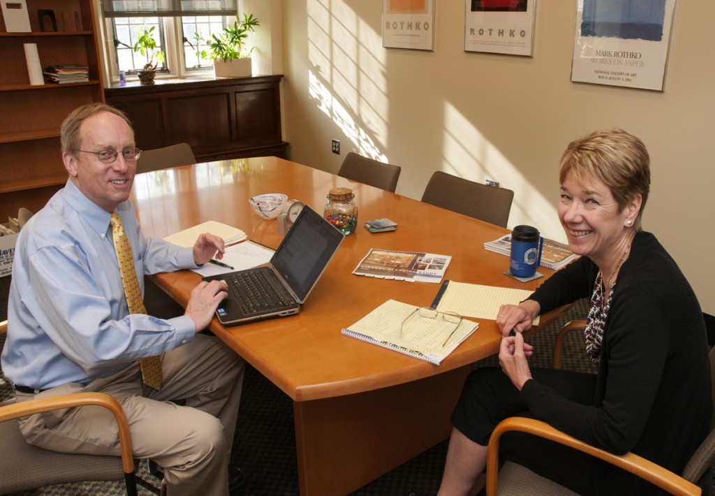 University Librarian’s Office: Robert Byrd, Associate University Librarian for Collections and User Services(left), meets with Deborah Jakubs, Rita DiGiallonardo Holloway University Librarian and Vice Provost for Library Affairs, to discuss a planning study for a proposed Research Commons area in Bostock Library.