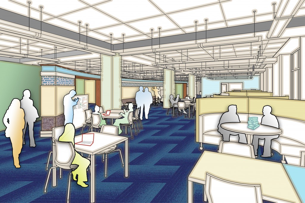 Architectural rendering of the Research Commons on the first floor of Bostock Library.