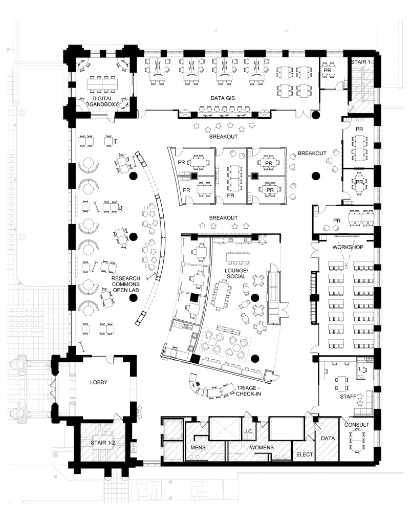 Floor plan of the Research Commons, which will occupy the entire first floor of Bostock Library. Click on the image to see a larger version.