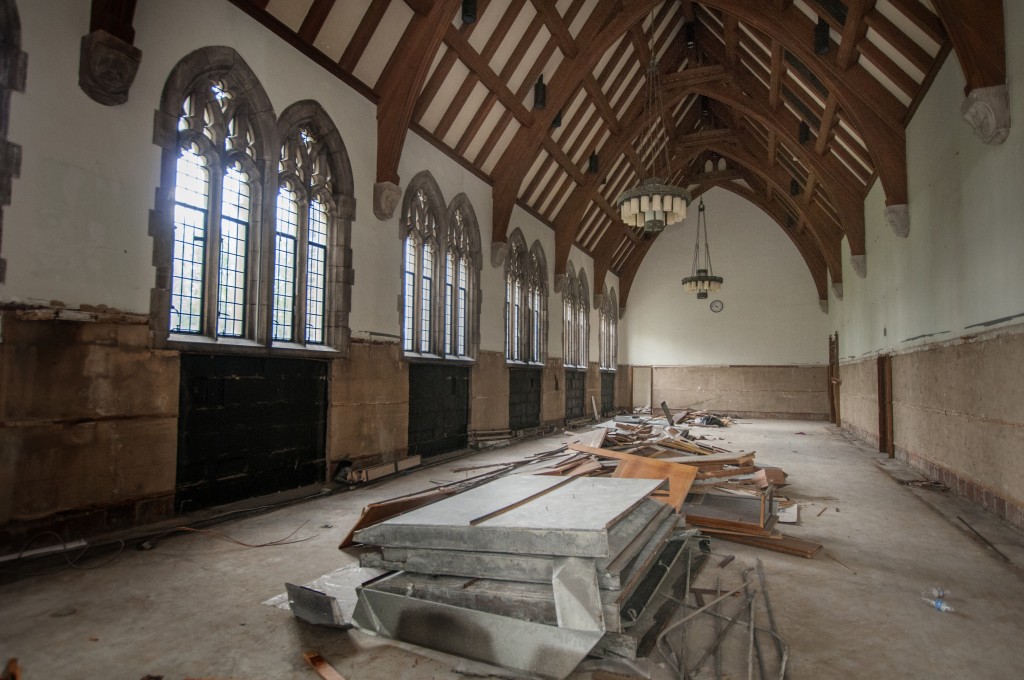 August 2013: The Gothic Reading room during demolition. The original wood shelves have been removed and will be replaced by new ones designed in keeping with the room’s original character. 