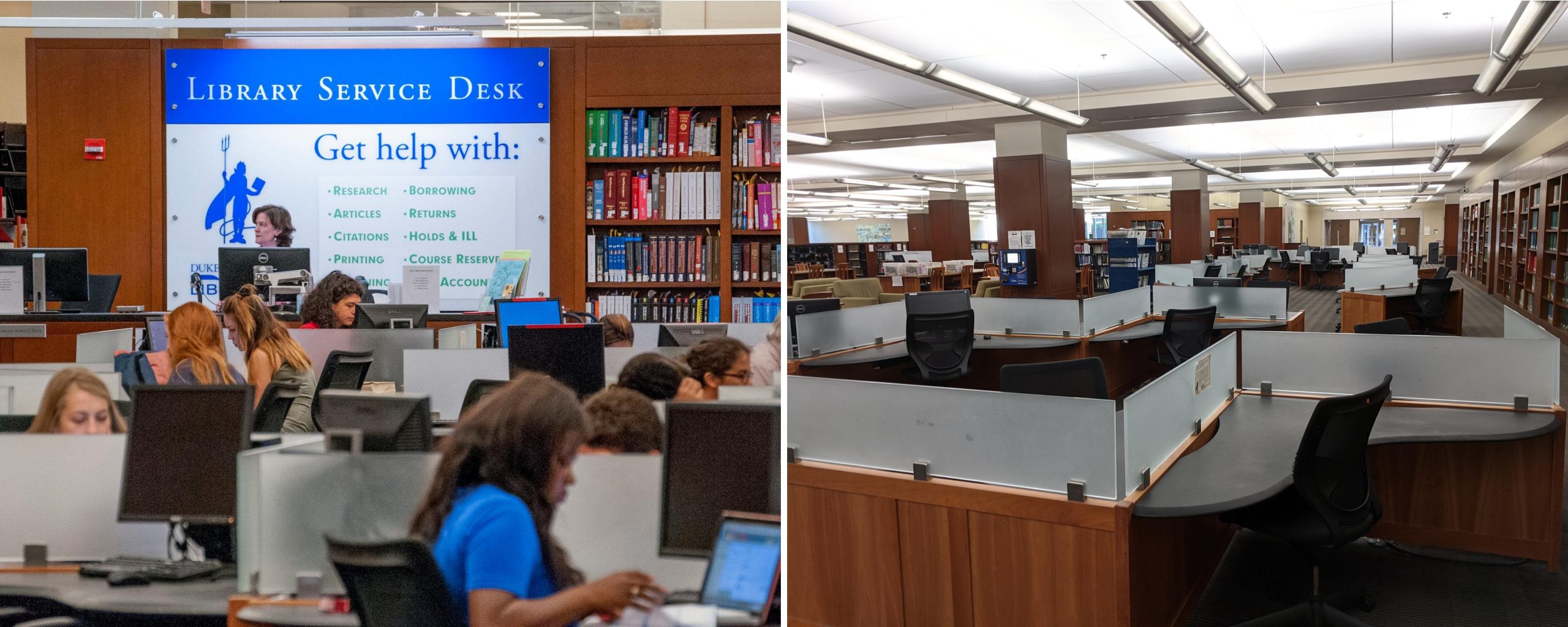 Library service desk Perkins Library before and after