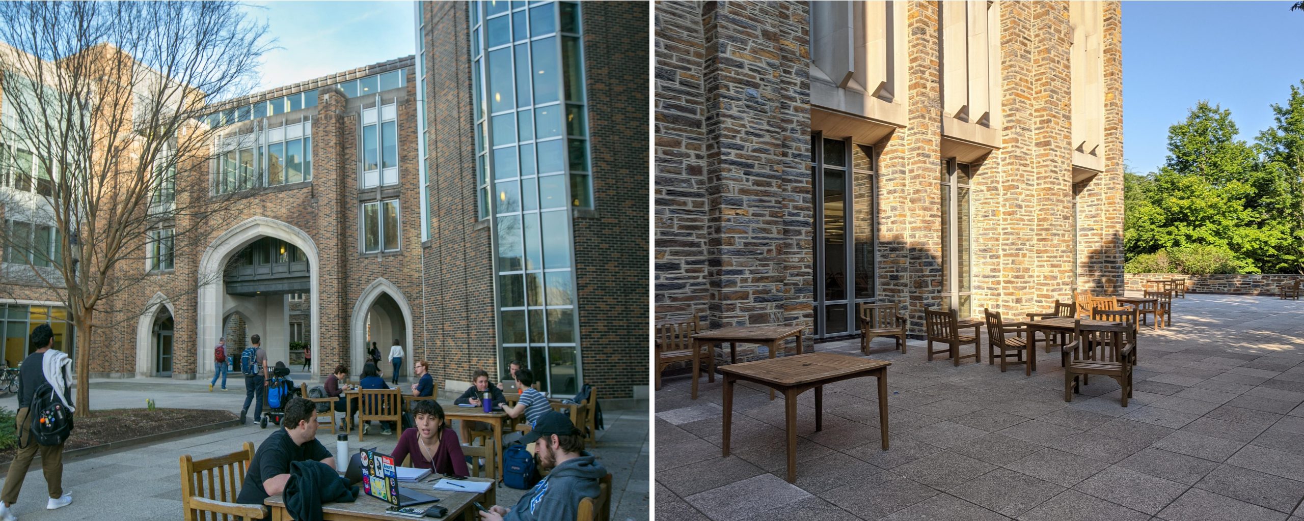 Chairs outside Perkins Library before and after
