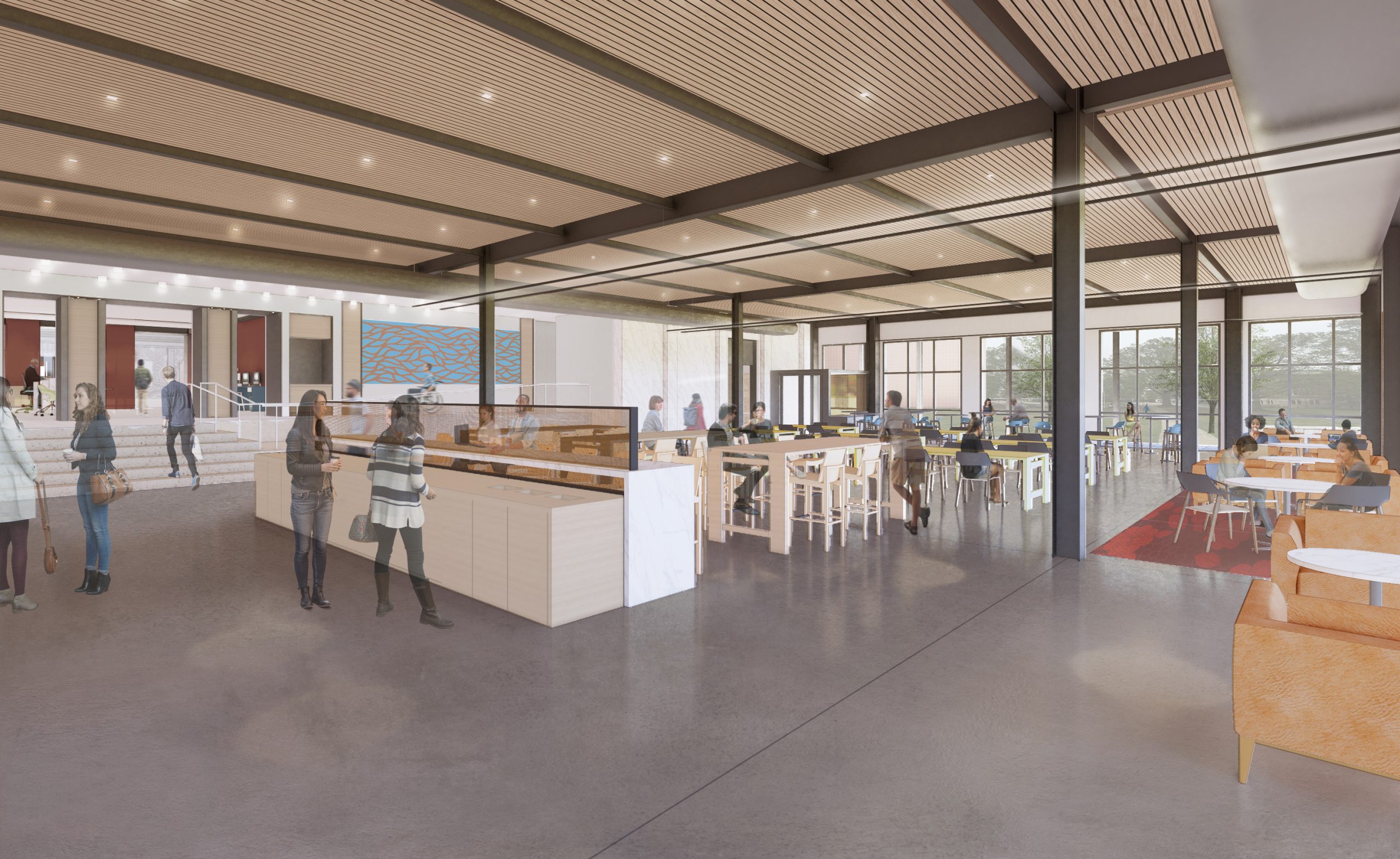 Rendering of Lilly Library cafe, showing people talking, sitting, and passing through.