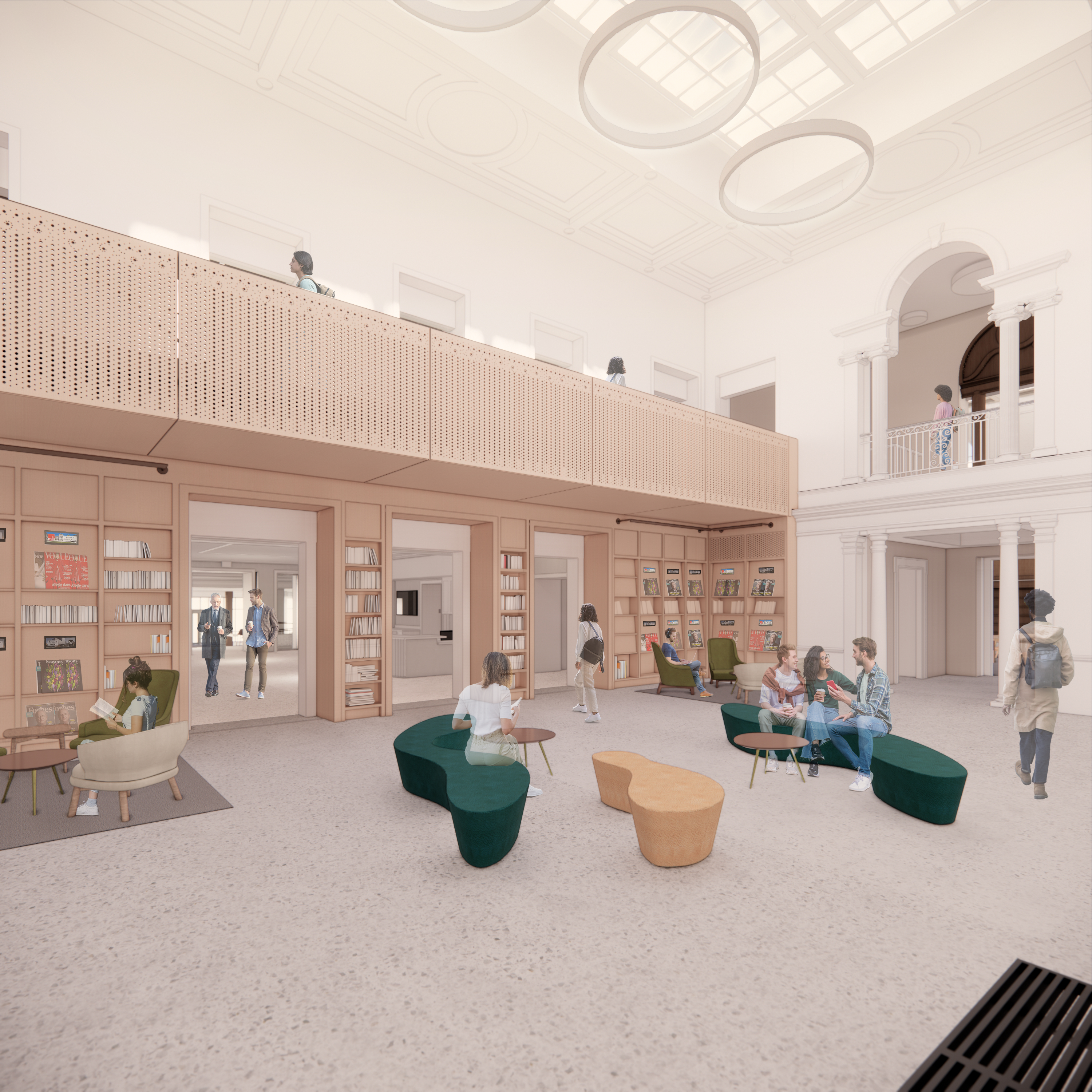 Rendering of renovated library space, showing atrium and user seating area.