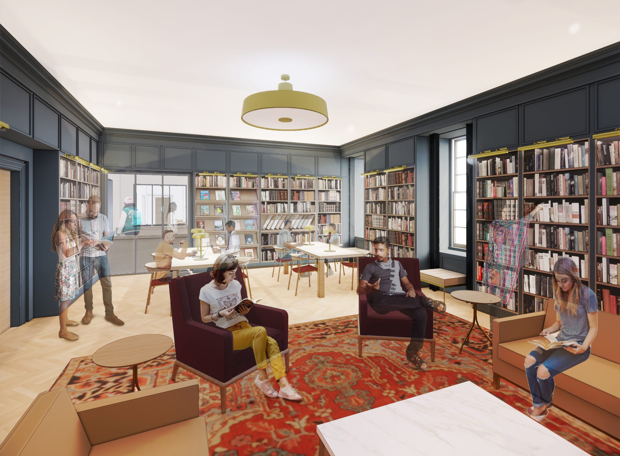 Rendering of the Booklover's Room, showing people browsing books and reading.