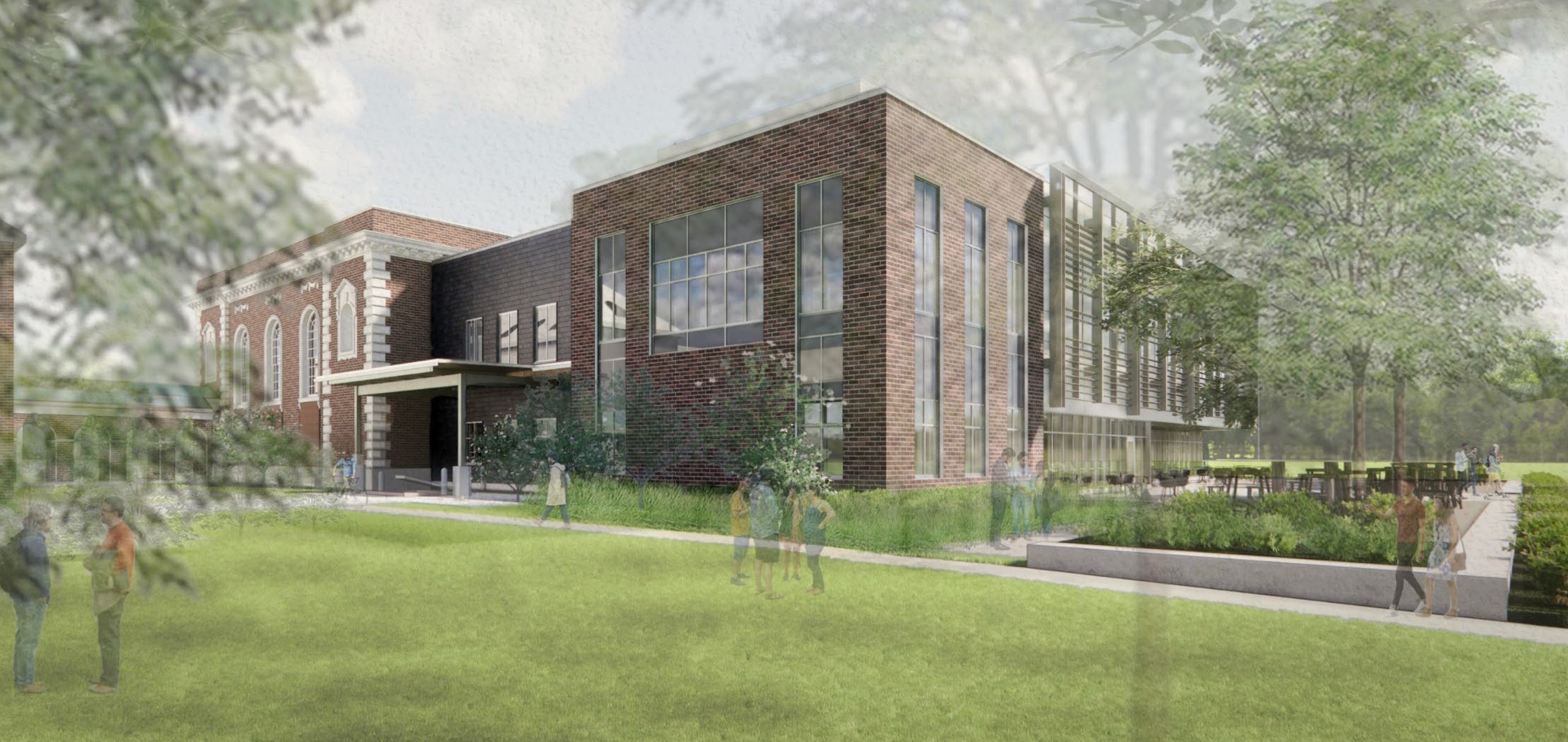 Rendering of expanded and renovated Lilly Library, showing NW corner with new loading dock area and windows.