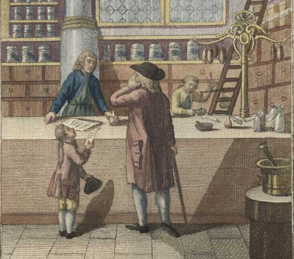 Apothecary Shop: Engraving by Clemens Kohl featuring the interior of an apothecary shop. History of Medicine Picture File, History of Medicine Collections.