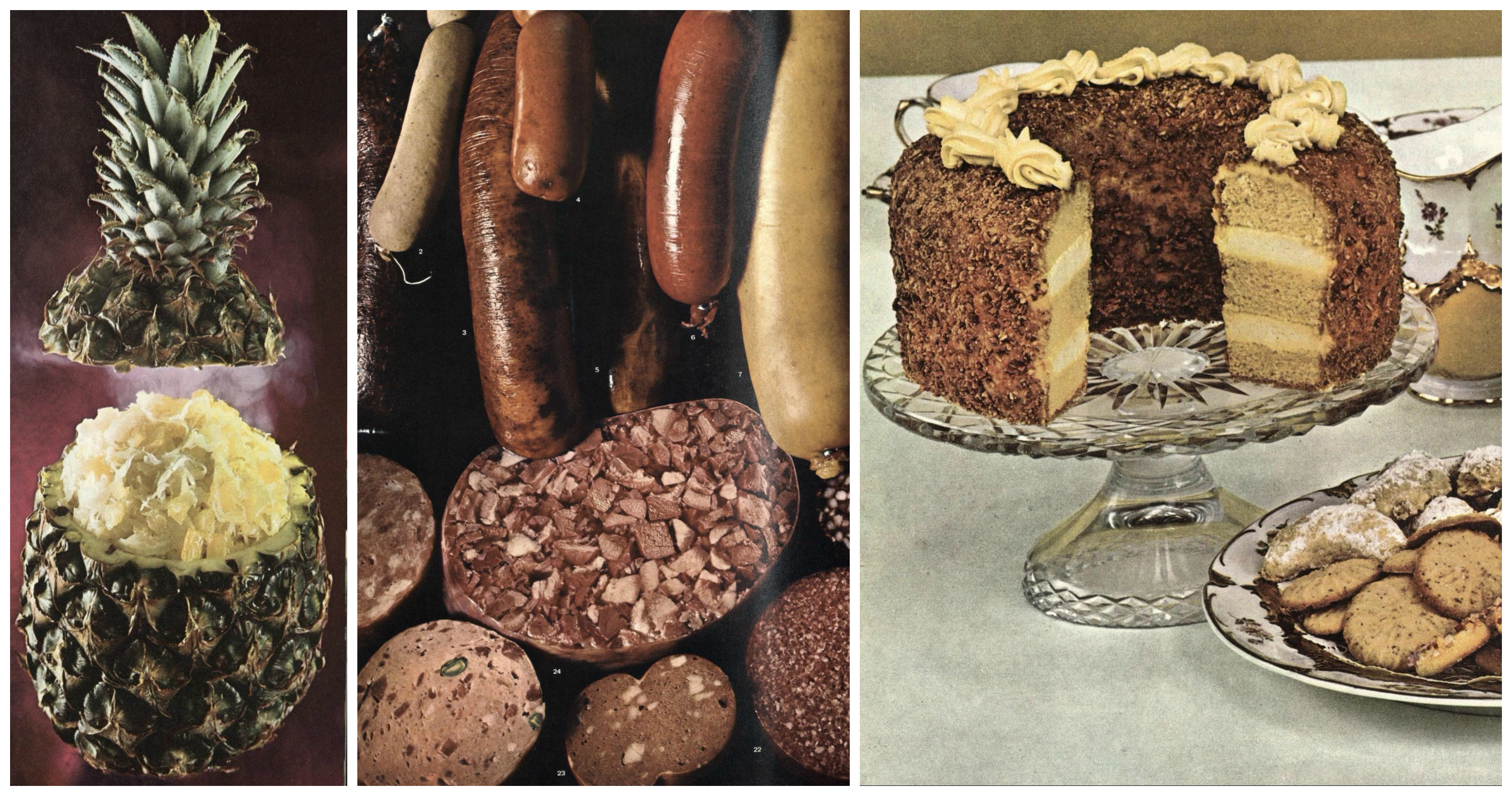 Three images of food: sauerkraut served in a pineapple, German sausages, and a cake