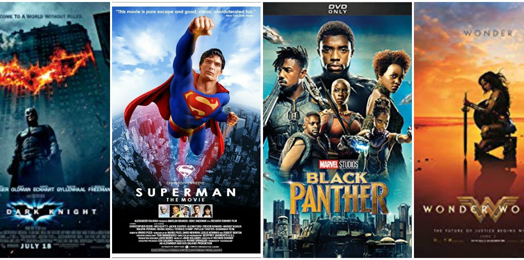 Vertical collage of 4 superhero DVD covers