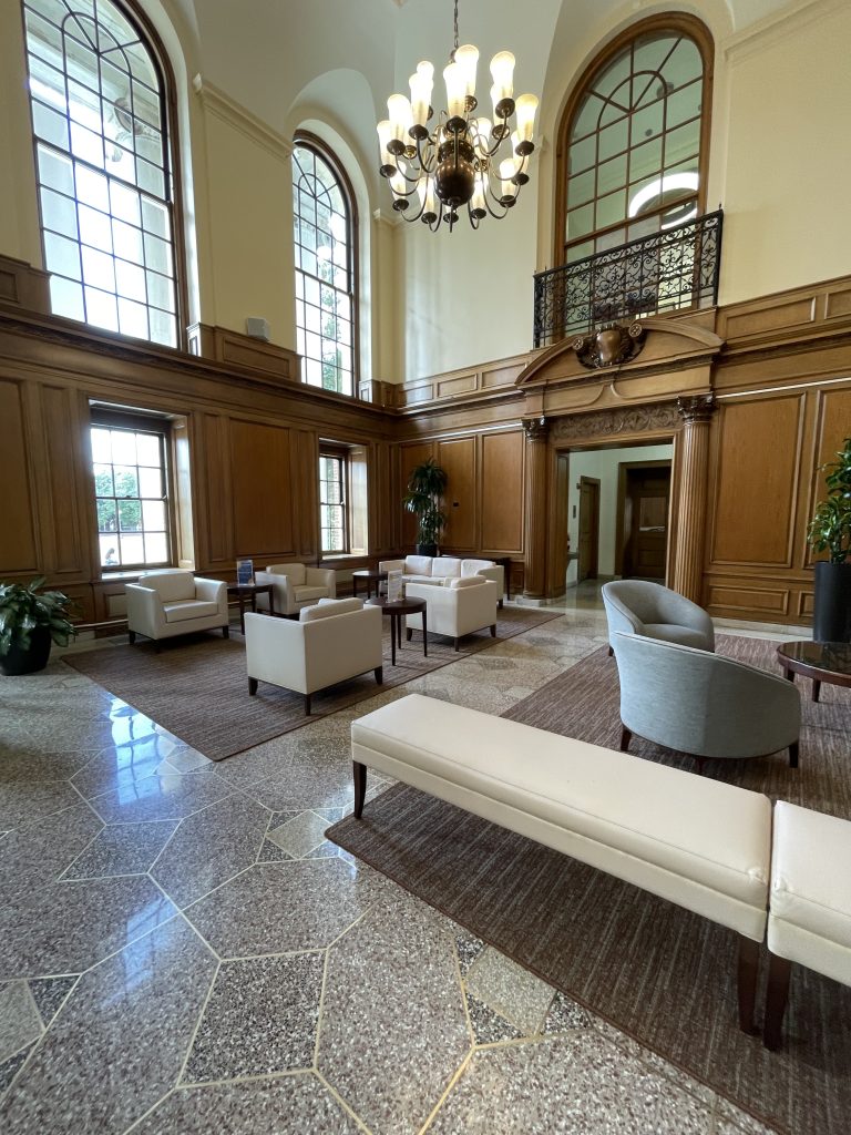 Photograph of soft seating in Wall Center foyer