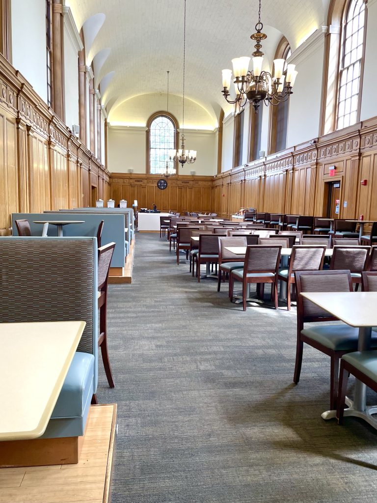 Photograph of booths, tables, and chairs in Marketplace dining area