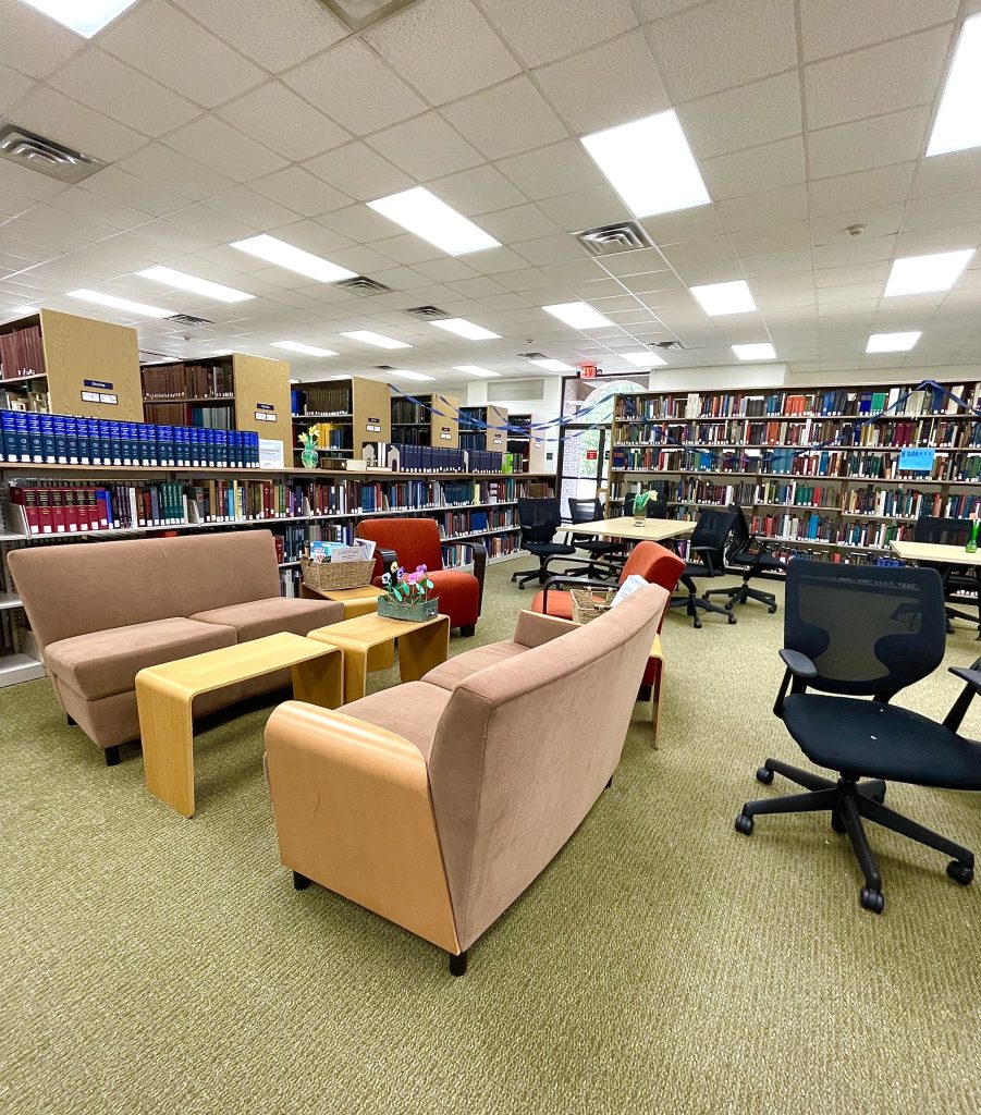 Photograph of Music Library with couches, soft chairs, and tables